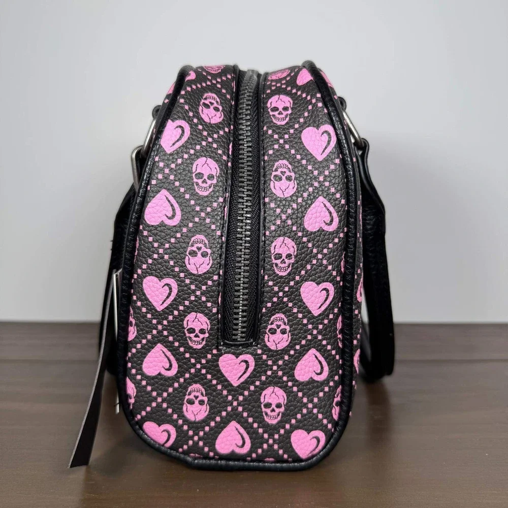 Ed Hardy Satchel Handbag Black Pink Skull Hearts Rhinestone Vegan Leather Purse